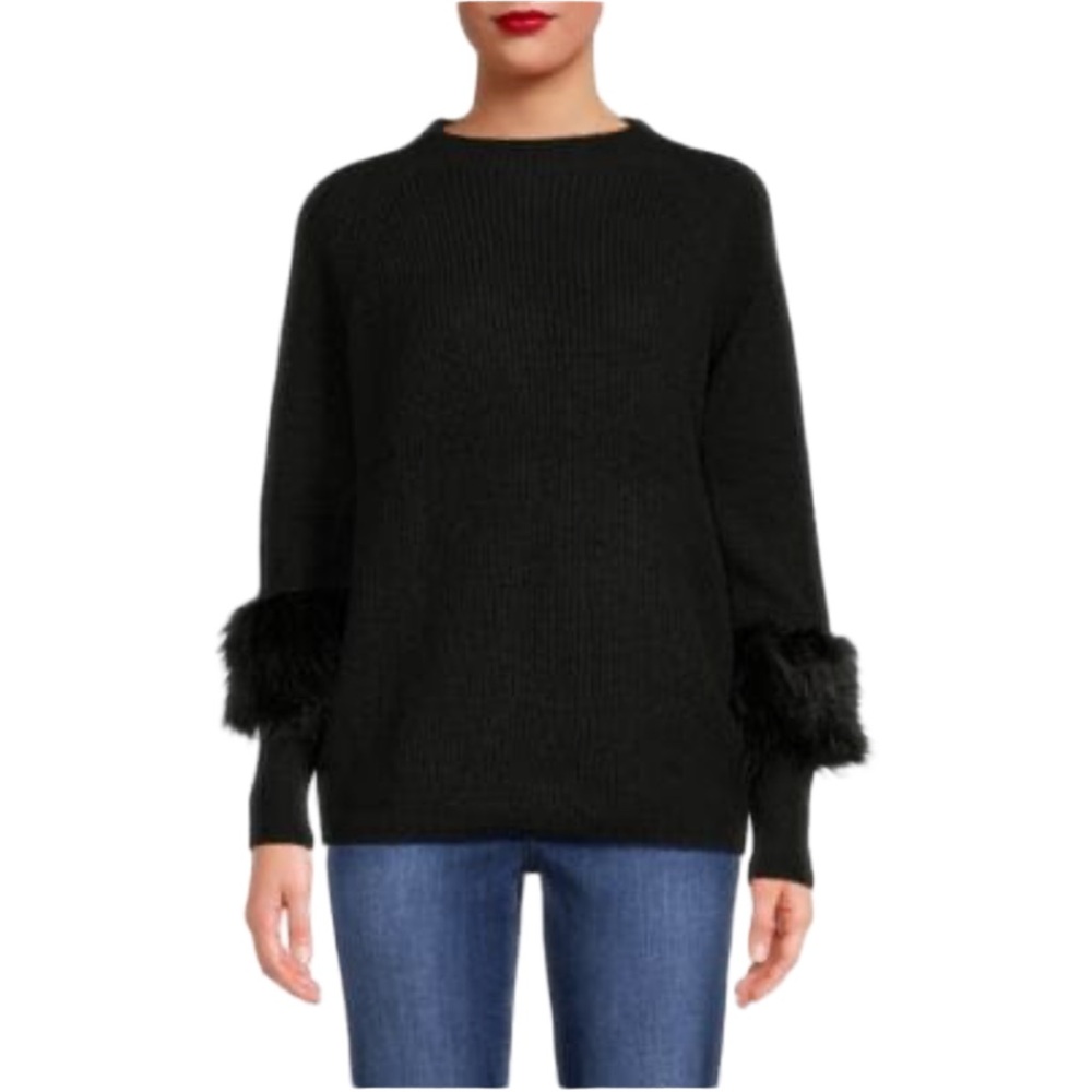 NWT For The Republic Sweater Pullover Faux Fur Wrist Trim Black Size XS